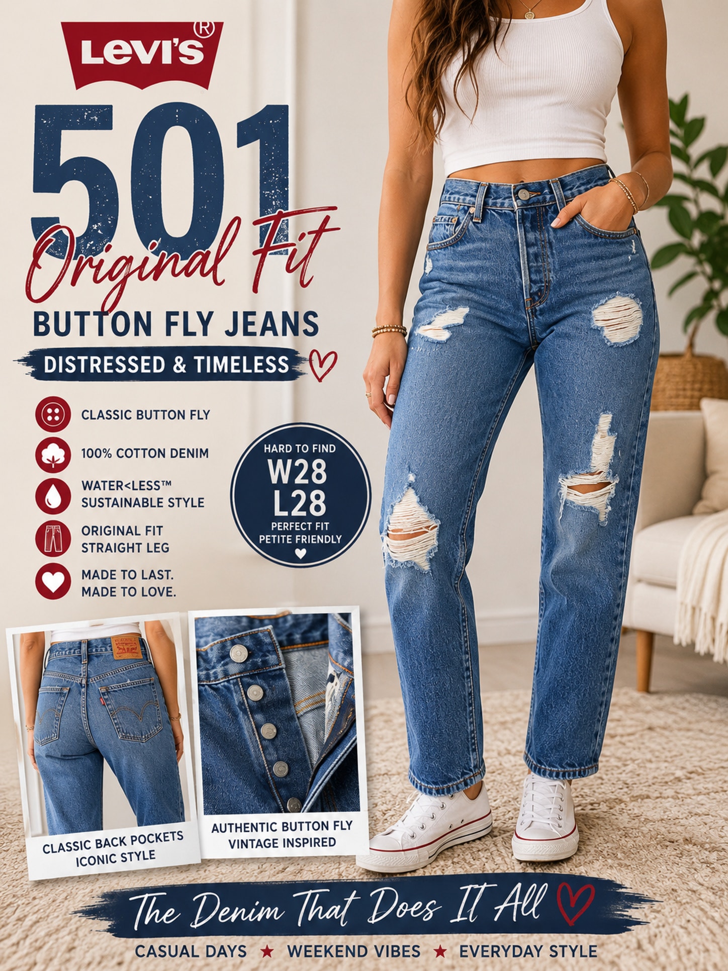 Levi's 501 Distressed Button Fly Jeans W28 L28 High Rise Straight Leg